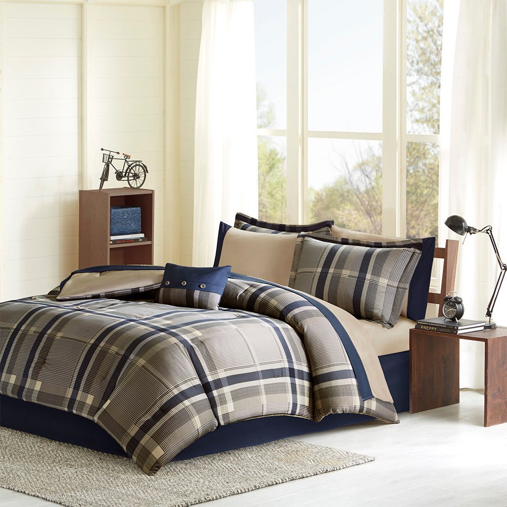 Navy Twin XL microfiber comforter set by Anthony & Home featuring a soft brushed fabric and matching pillow shams.