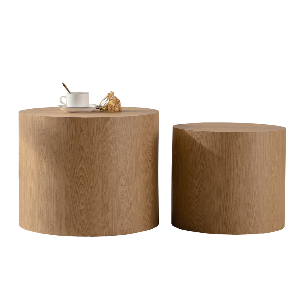 Set of two nesting round coffee tables by Anthony & Home, featuring modern wooden tops and sleek metal legs.