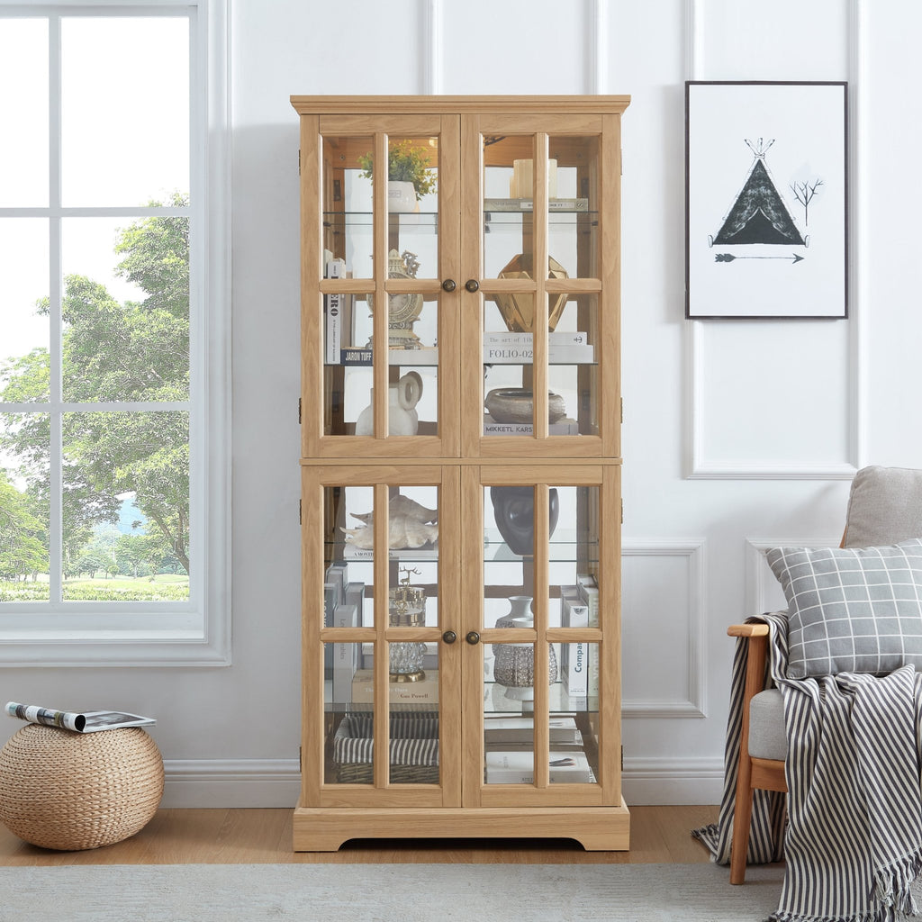 Oak curio cabinet with glass doors by Anthony & Home, showcasing shelves and elegant wooden frame for display storage