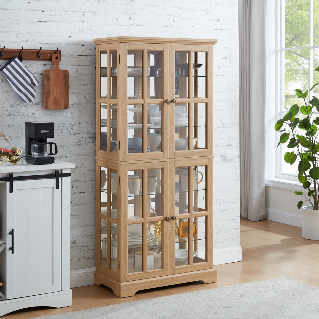 Anthony & Home Oak Curio Cabinet with glass doors featuring elegant wood finish and interior shelving for display.