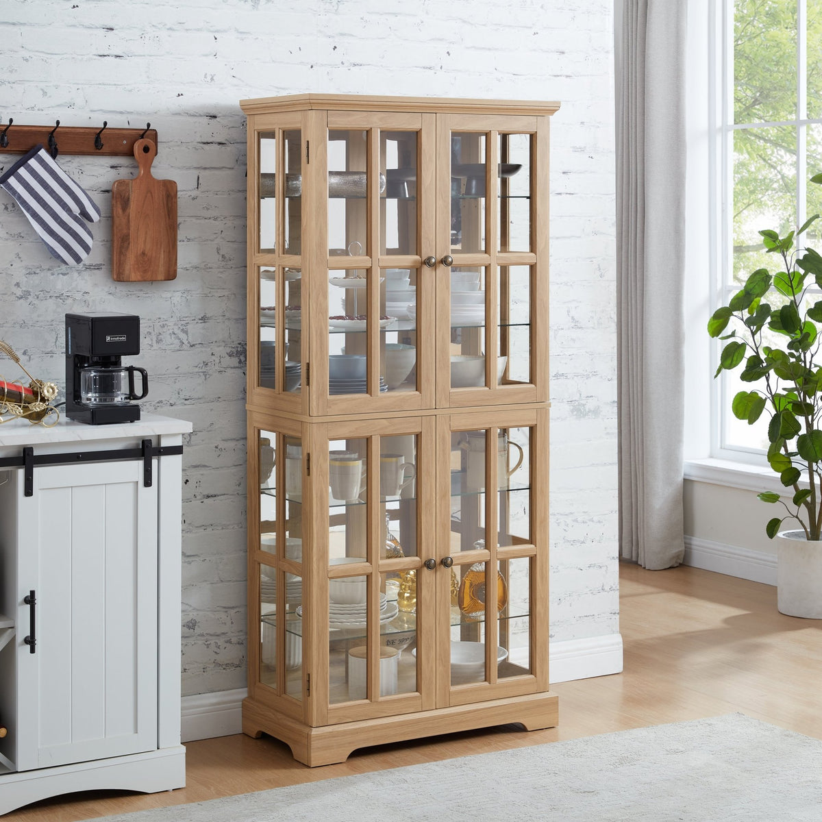 Anthony & Home Oak Curio Cabinet with glass doors featuring elegant wood finish and interior shelving for display.