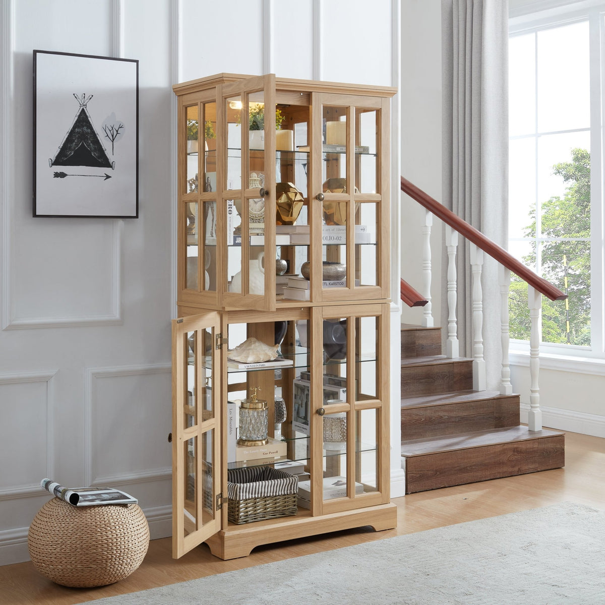 Anthony & Home Oak Curio Cabinet with glass doors, showcasing a classic wooden display cabinet with elegant glass panels.