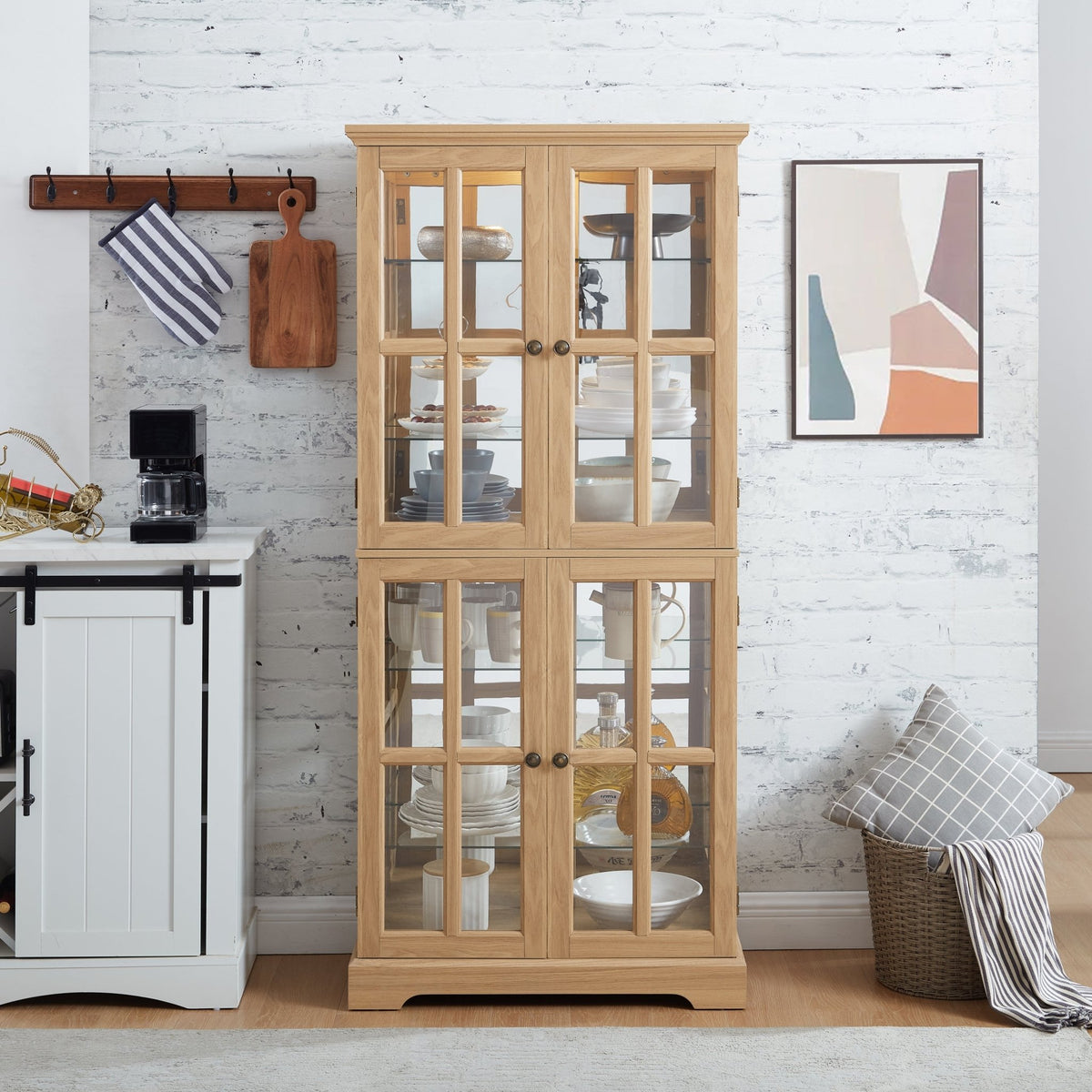 Anthony & Home oak curio cabinet with glass doors, showcasing elegant wood finish and interior shelves for display storage.