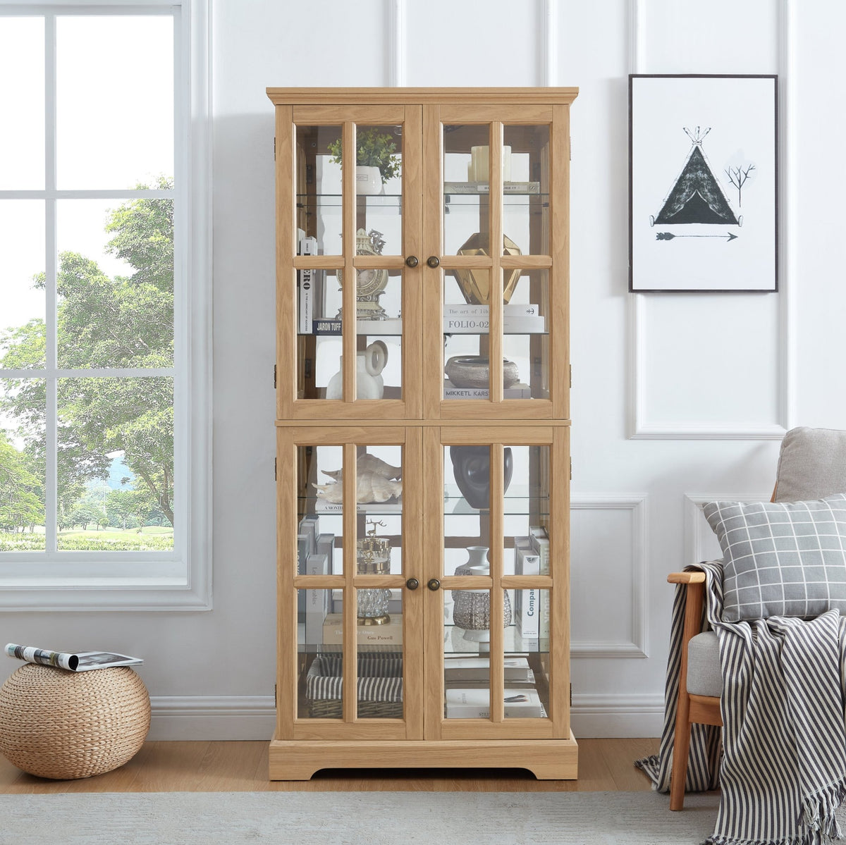 Anthony & Home Oak Curio Cabinet with glass doors, showcasing elegant wooden display storage with clear glass panels.