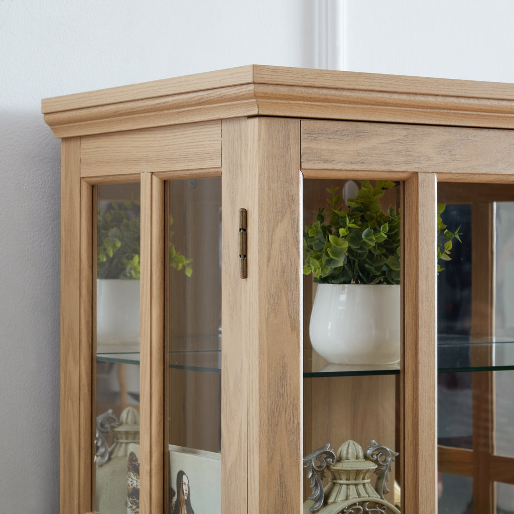 Anthony & Home Oak Curio Cabinet with glass doors, showcasing elegant wooden shelves and display space for collectibles.