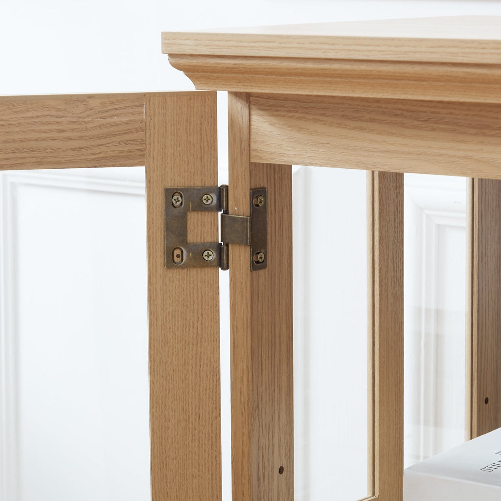Anthony & Home Oak Curio Cabinet with glass doors, showcasing elegant wood finish and interior display shelves.