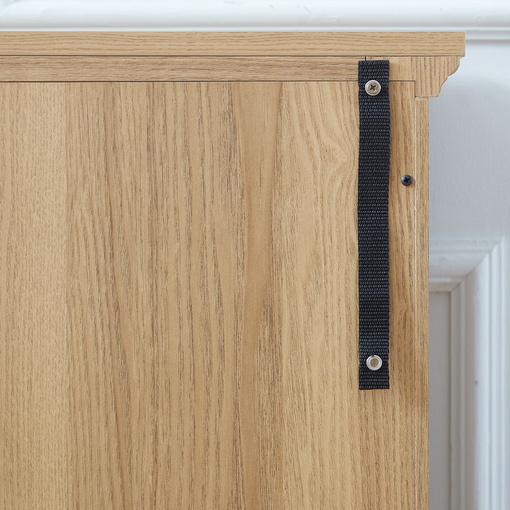 Anthony & Home Oak Curio Cabinet with glass doors, showcasing elegant wood finish and display shelves inside.