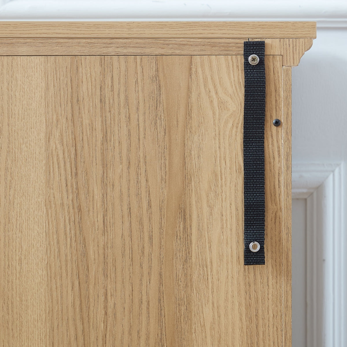 Anthony & Home Oak Curio Cabinet with glass doors, showcasing elegant wood finish and display shelves inside.