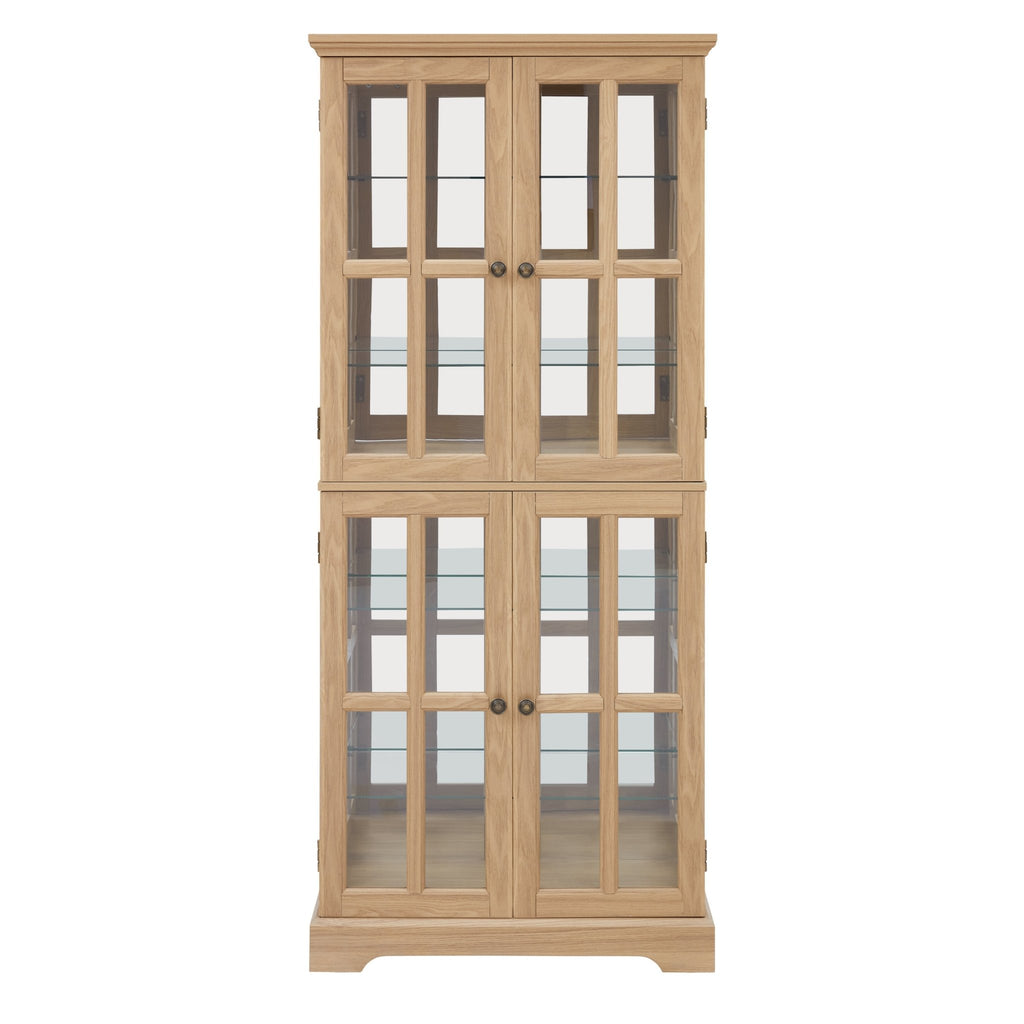 Oak curio cabinet with glass doors from Anthony & Home, showcasing elegant wood finish and display shelves inside.