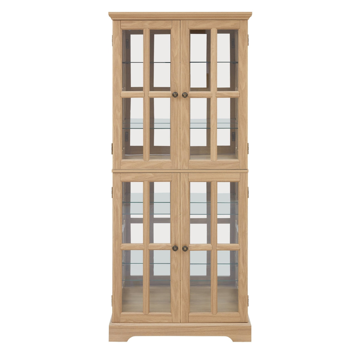 Oak curio cabinet with glass doors from Anthony & Home, showcasing elegant wood finish and display shelves inside.