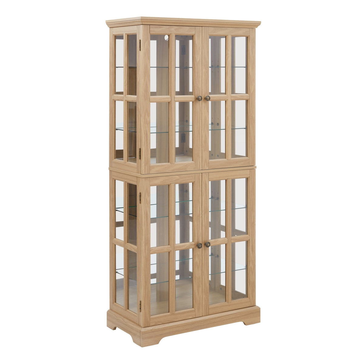 Anthony & Home oak curio cabinet with glass doors, showcasing elegant wooden frame and glass panels for display storage.