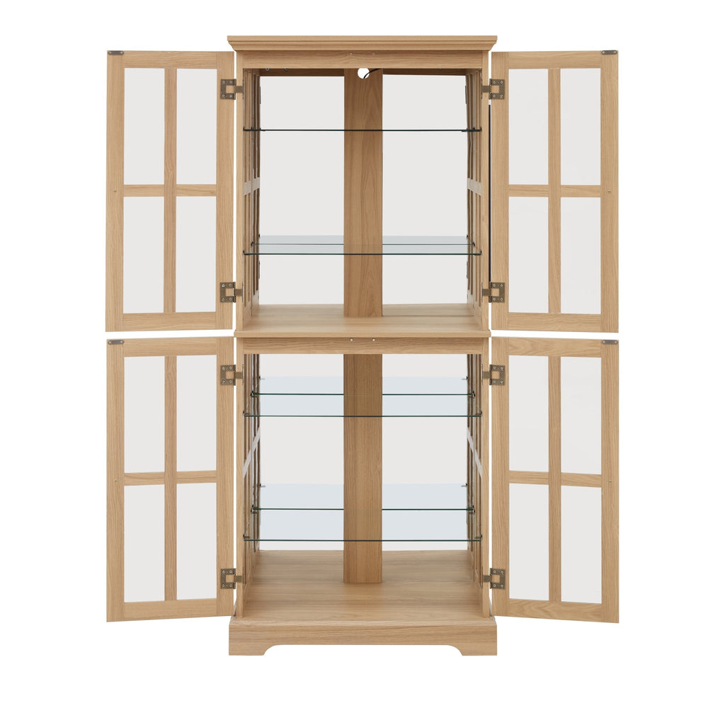 Anthony & Home Oak Curio Cabinet with glass doors, showcasing elegant wood finish and display shelves inside.