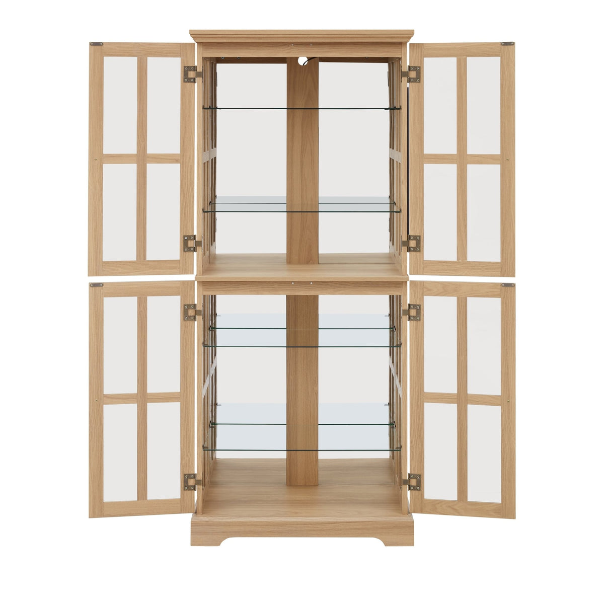 Anthony & Home Oak Curio Cabinet with glass doors, showcasing elegant wood finish and display shelves inside.