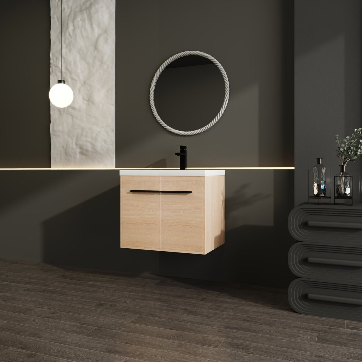 Anthony & Home 24-inch Oak engineered wood bathroom vanity with resin countertop, part of the Signature Collection, shown in the image.