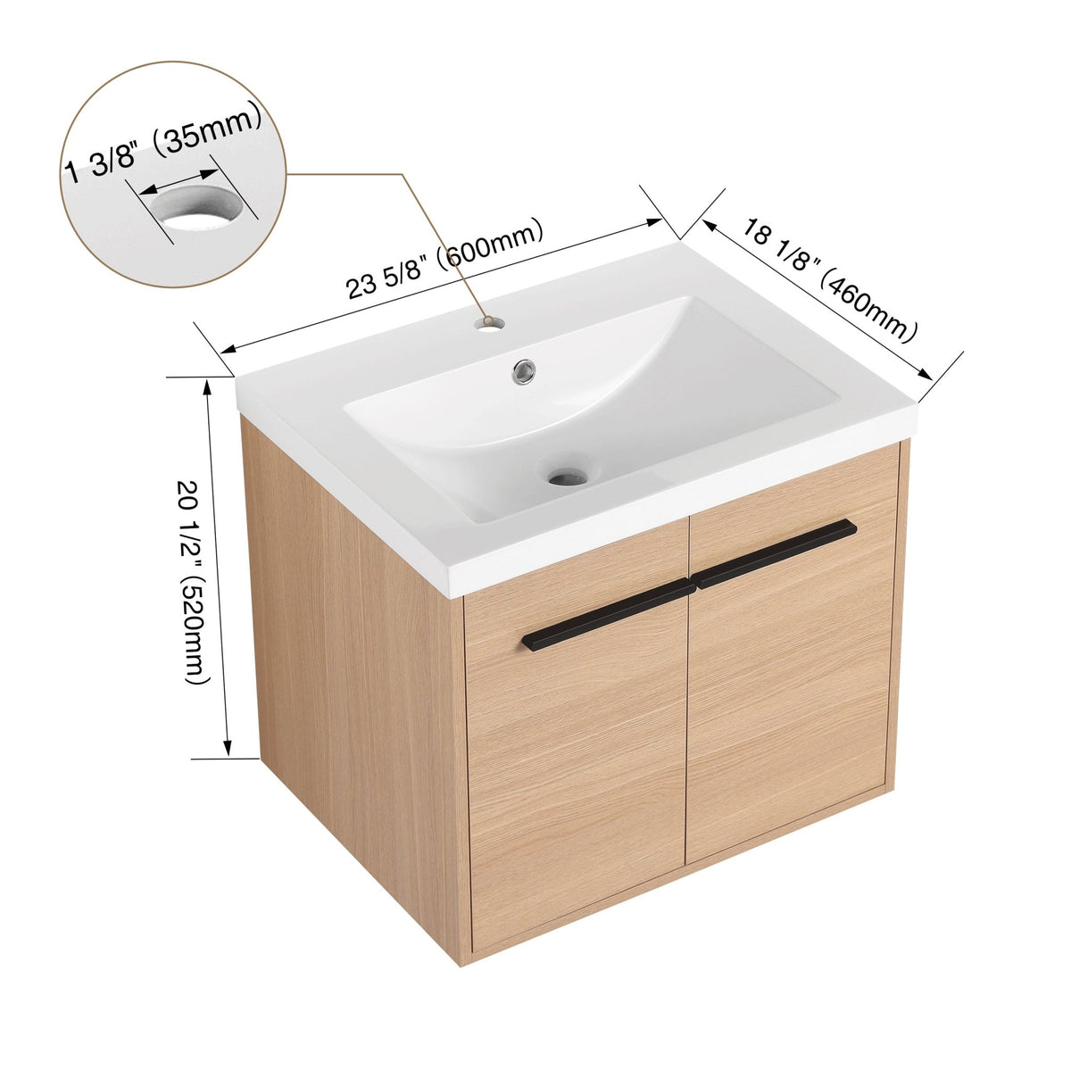 Anthony & Home oak engineered wood bathroom vanity set with resin countertop, 24-inch size, from the Signature Collection.