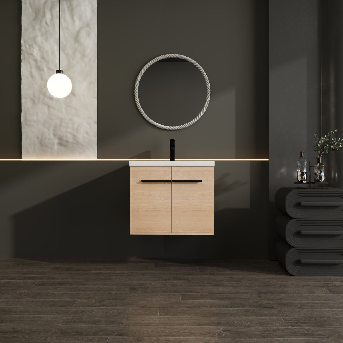 Anthony & Home Oak engineered wood bathroom vanity set with resin countertop, 24-inch Signature Collection, featuring sleek storage drawers
