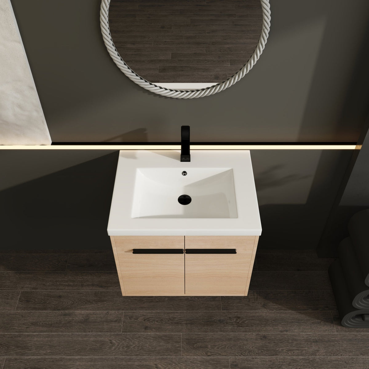 Anthony & Home 24-inch Oak engineered wood bathroom vanity set with resin countertop, featuring modern storage and sleek design.
