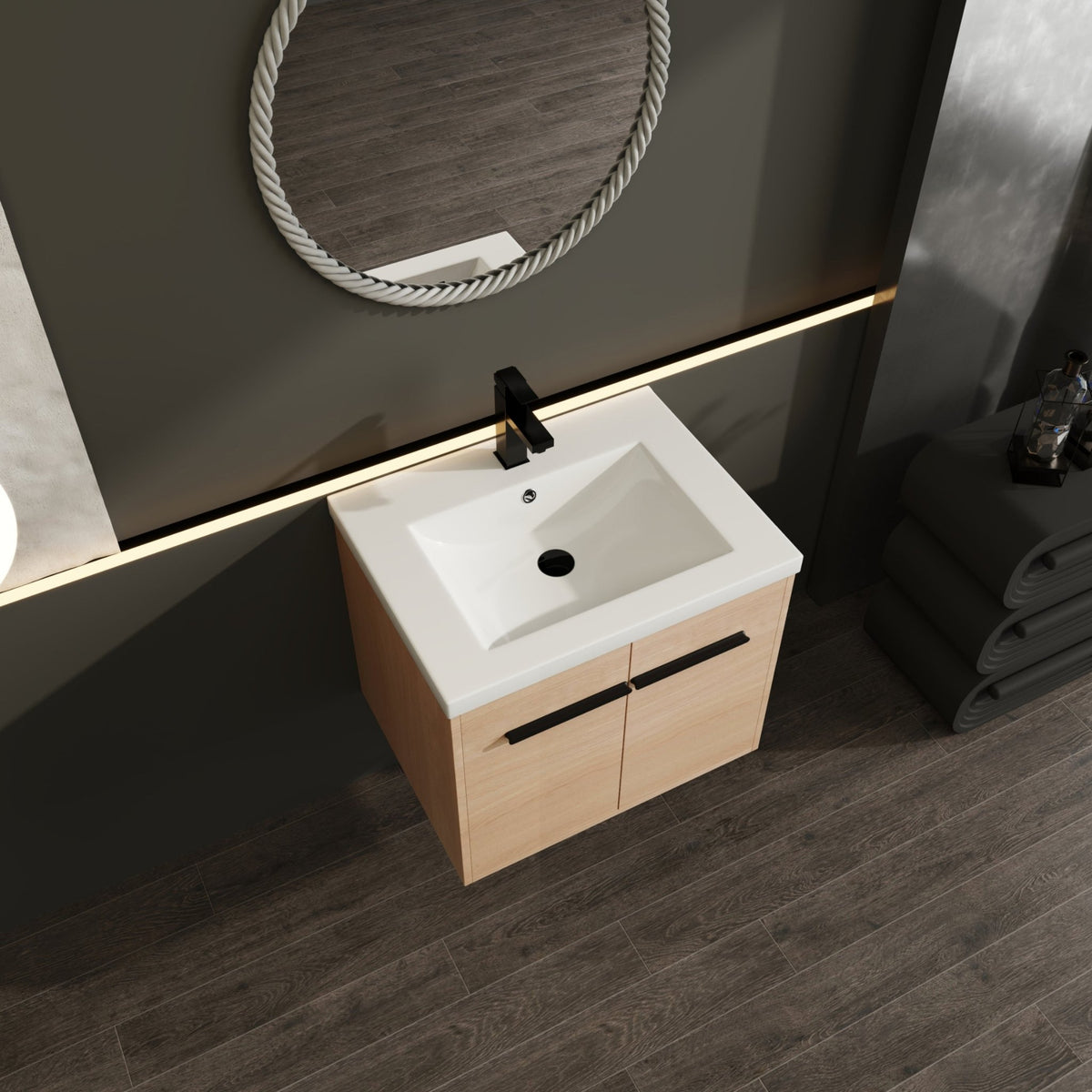 Anthony & Home Oak engineered wood bathroom vanity set with resin countertop, 24-inch Signature Collection, modern and sleek design