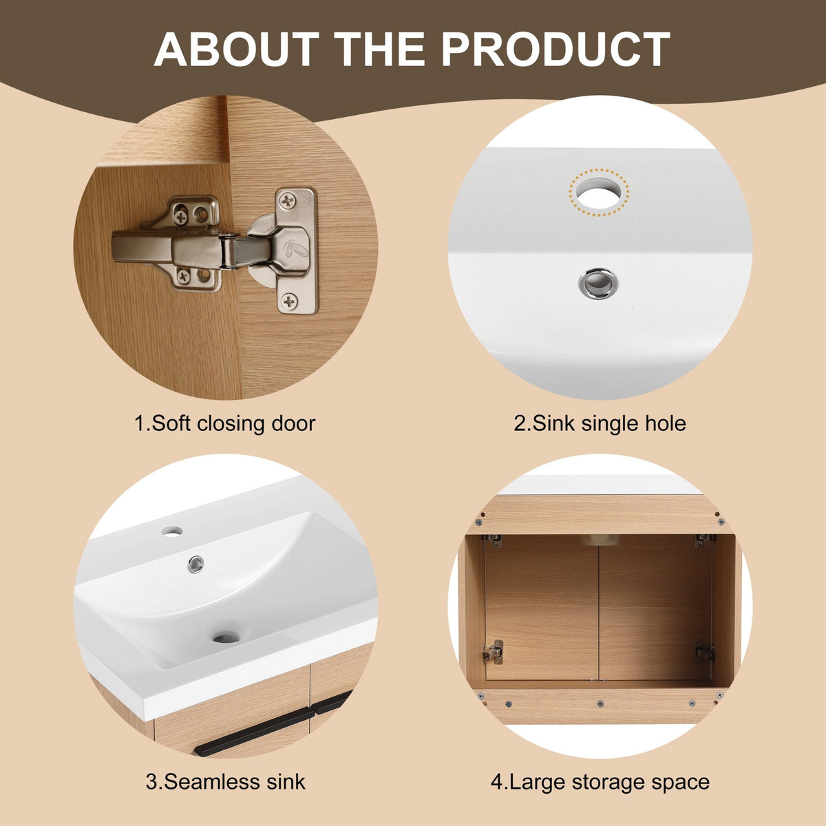 Anthony & Home oak engineered wood bathroom vanity set with resin countertop, 24-inch Signature Collection, featuring modern storage design.