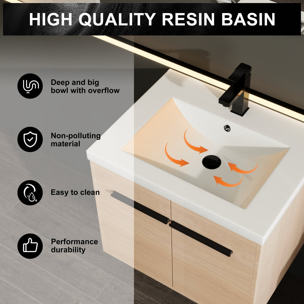Anthony & Home Oak engineered wood bathroom vanity set with resin countertop, 24-inch Signature Collection, showcasing sleek storage and design.
