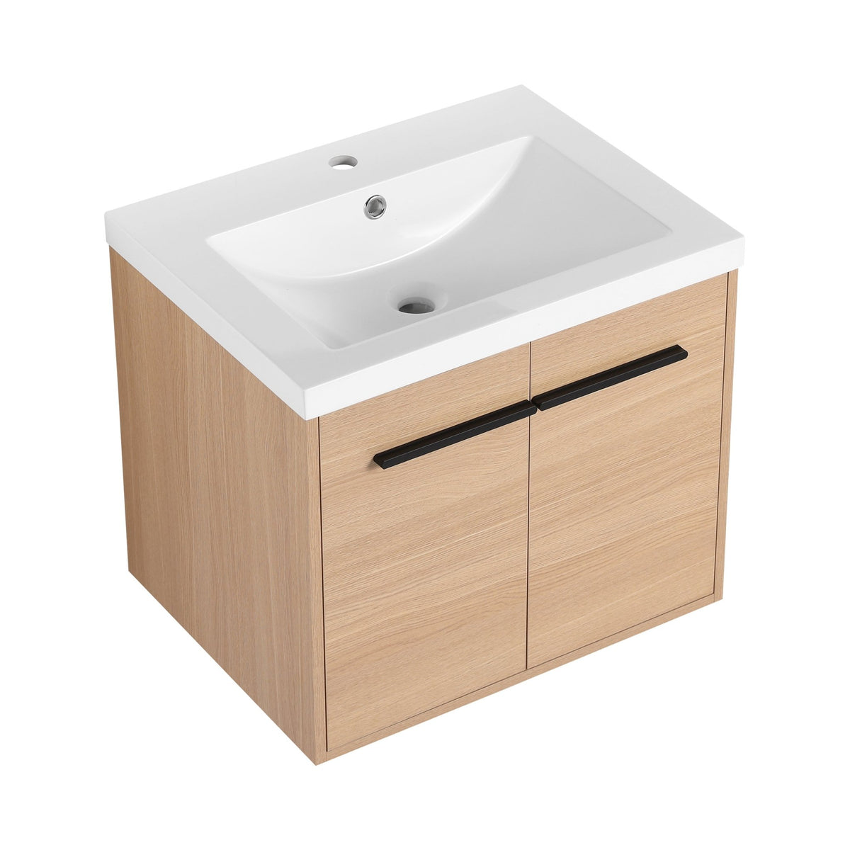 Oak engineered wood bathroom vanity set with resin countertop, 24-inch size from Anthony & Home Signature Collection, featuring storage drawers.