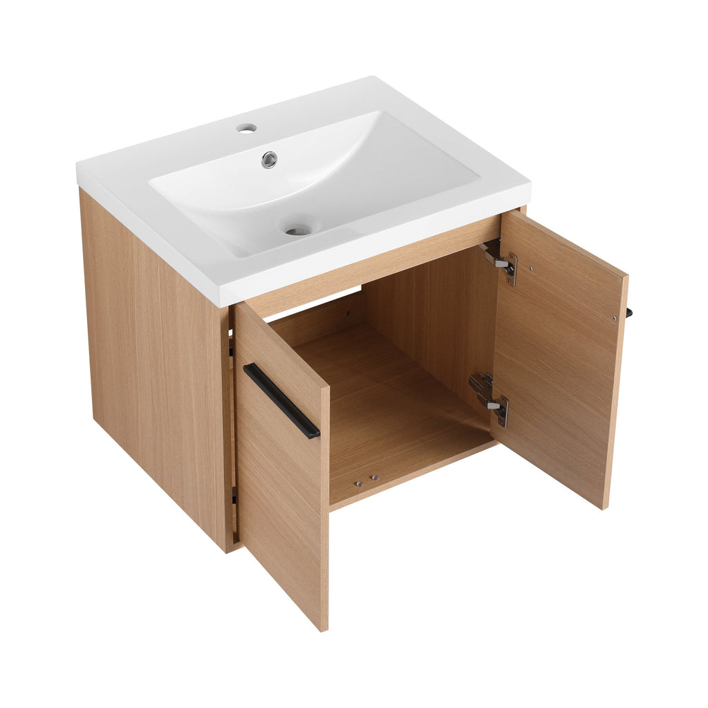 Anthony & Home 24-inch oak engineered wood bathroom vanity set with resin countertop, includes sink and modern storage cabinet.