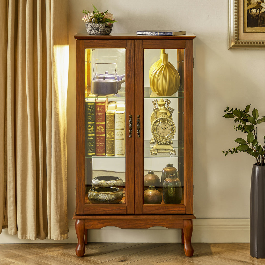 Oak finish lighted curio cabinet with mirrored back and glass shelves by Anthony & Home.
