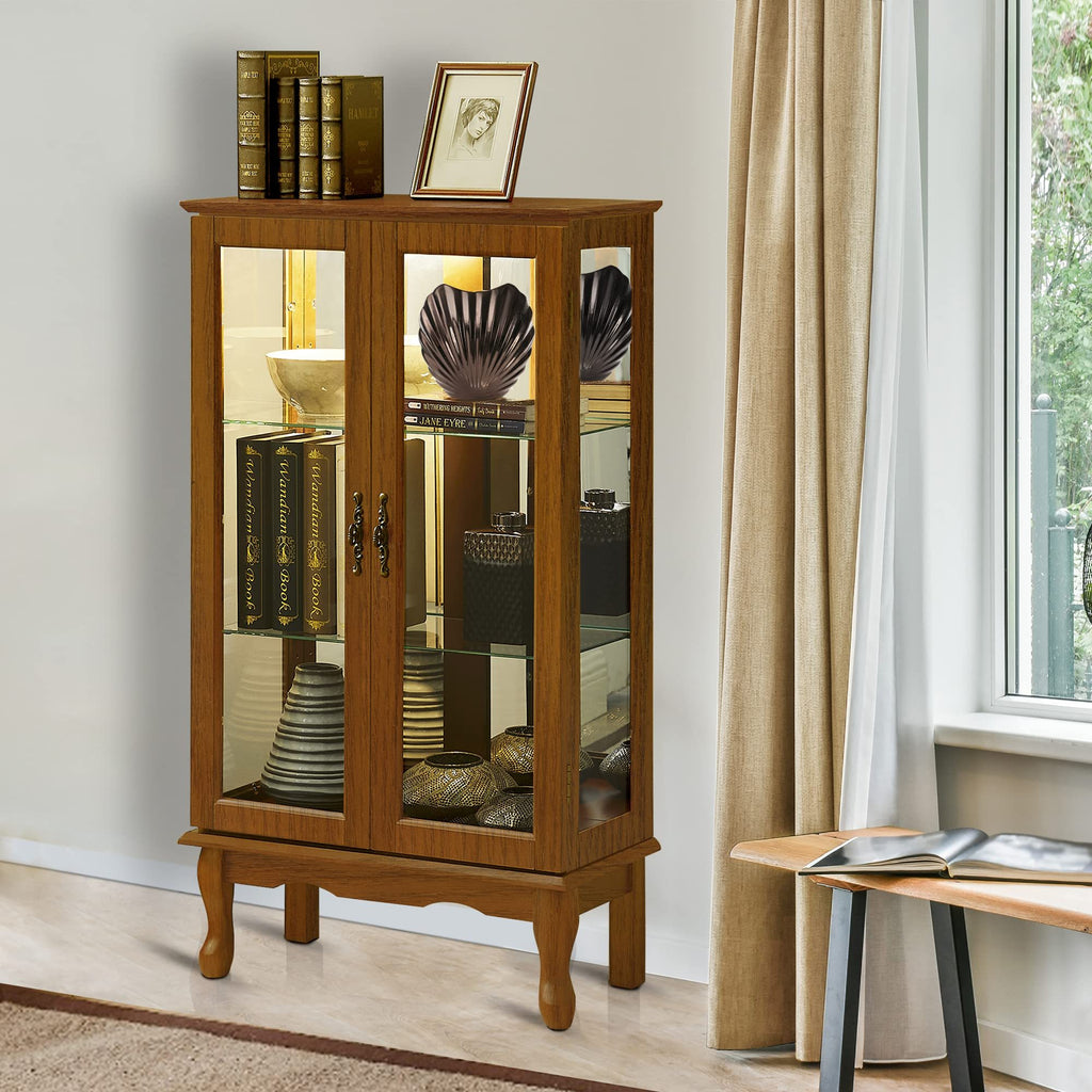 Anthony & Home oak finish lighted curio cabinet with mirrored back, showcasing glass shelves and elegant wood details.