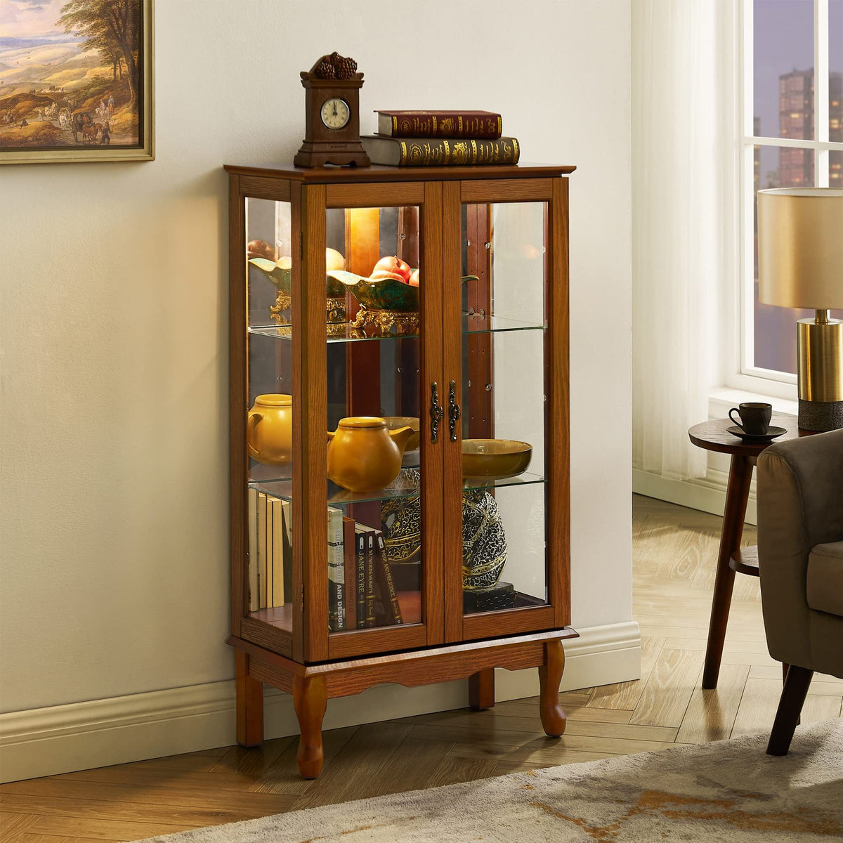 Anthony & Home oak finish lighted curio cabinet with mirrored back, showcasing glass shelves and display space for collectibles.