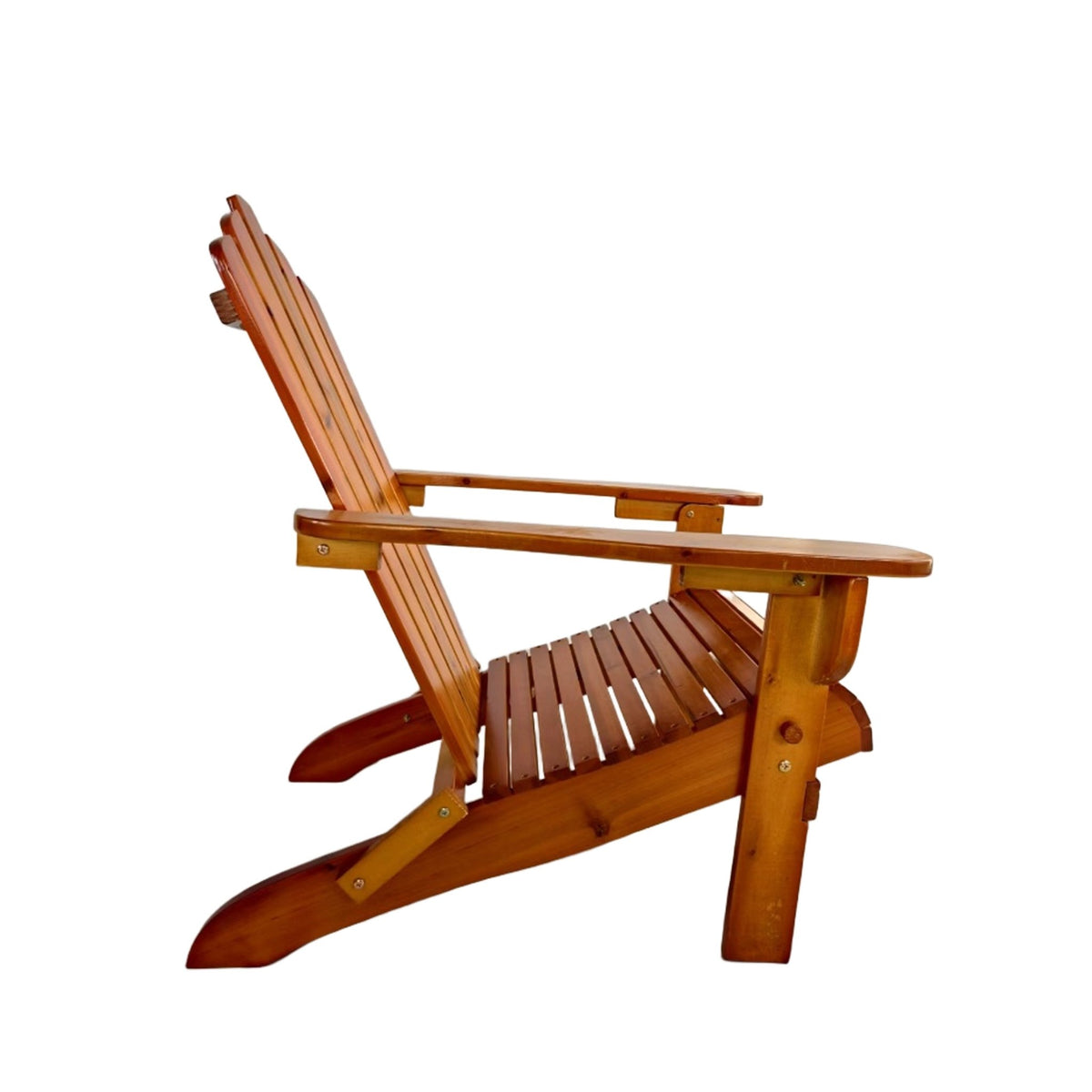 Oak folding Adirondack chair by Anthony & Home, showcasing a stylish, limited edition outdoor wooden seating with armrests and a slanted back.