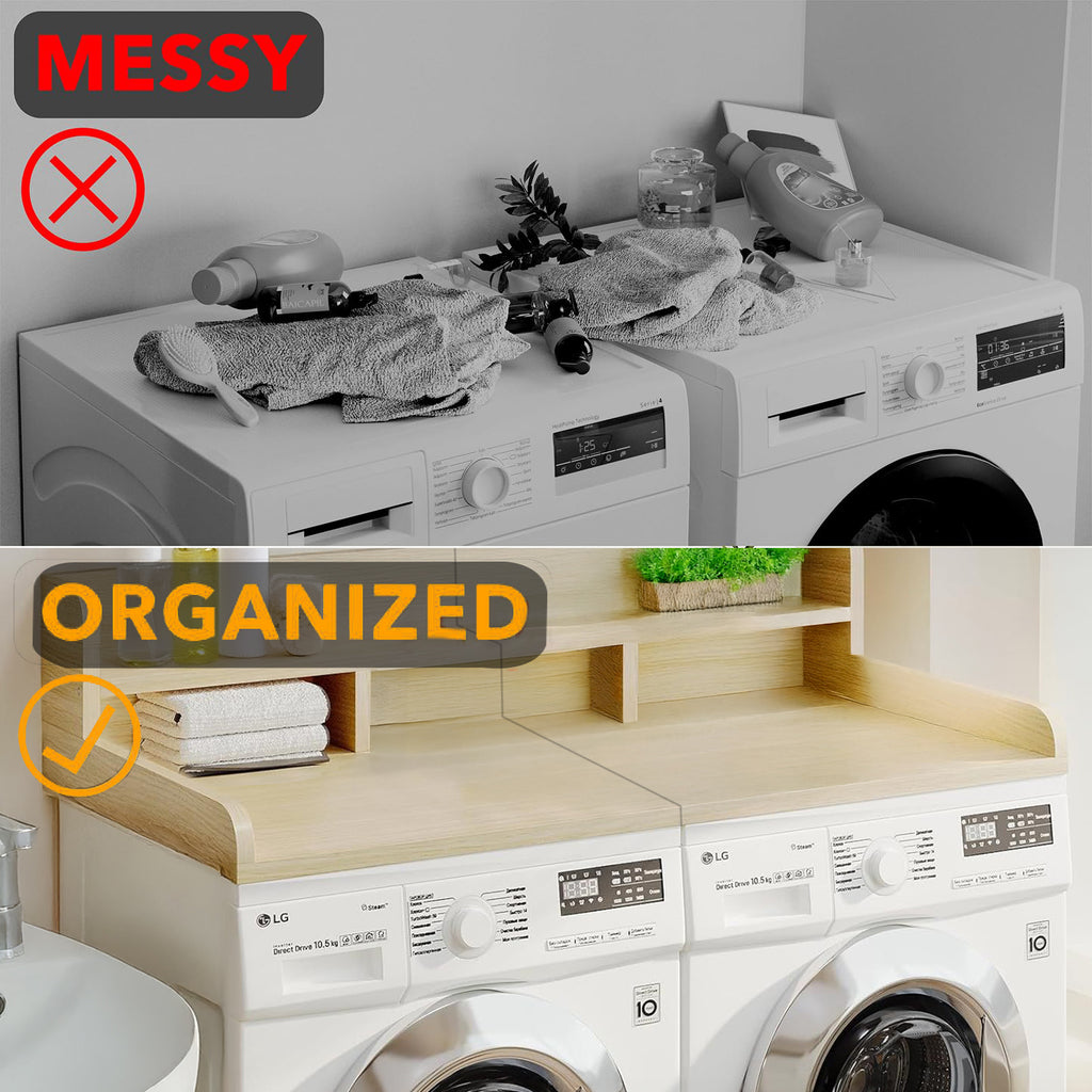 Anthony & Home oak wood washer dryer countertop organizer with multiple compartments for laundry essentials.