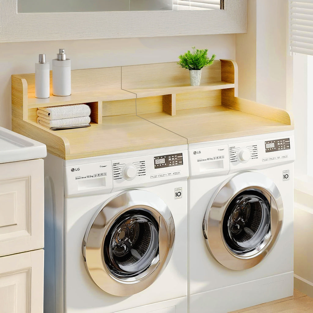 Anthony & Home oak wood countertop organizer for washer and dryer, with compartments for laundry essentials and accessories.