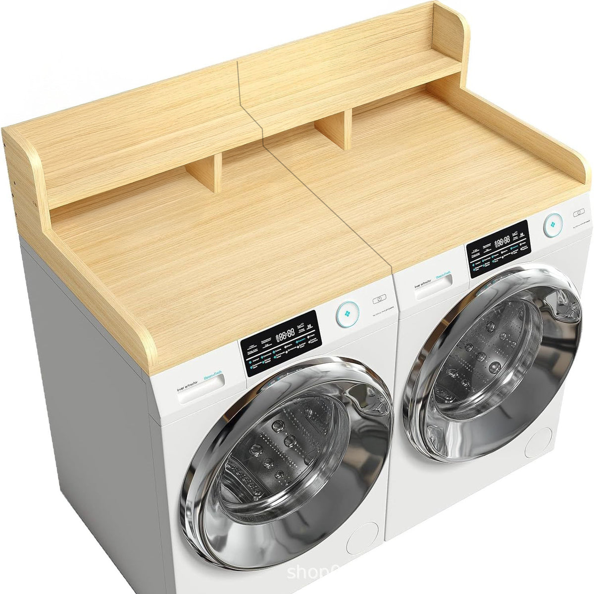 Anthony & Home Oak wood washer dryer countertop organizer for laundry supplies, with multiple compartments for storage.