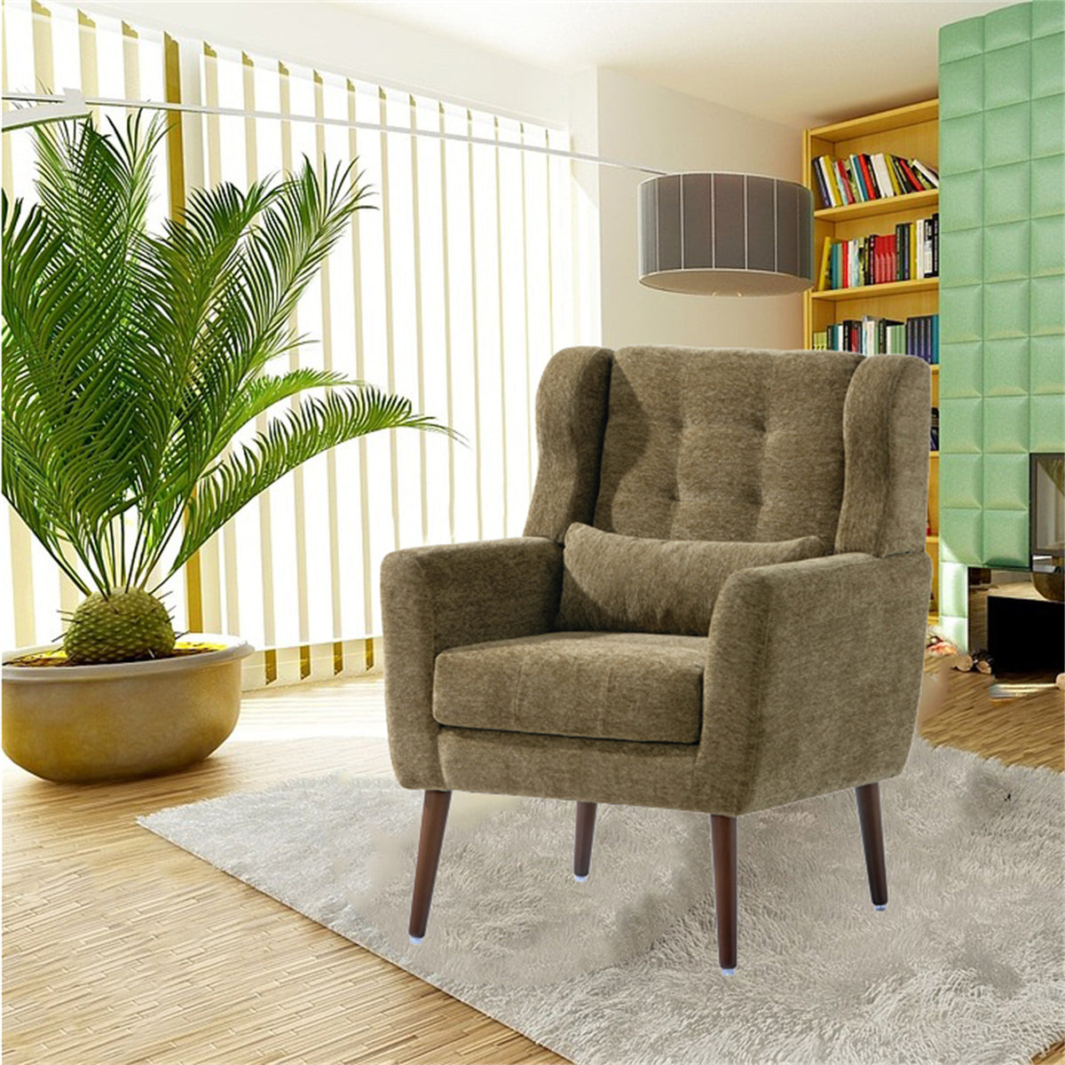 Olive green chenille accent chair with solid wood legs, stylish and comfortable for living room decor.