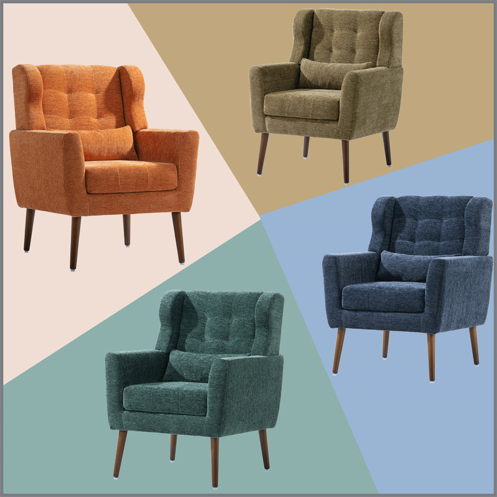 Olive chenille accent chair with solid wood legs, showcasing plush fabric and stylish design from Anthony & Home.