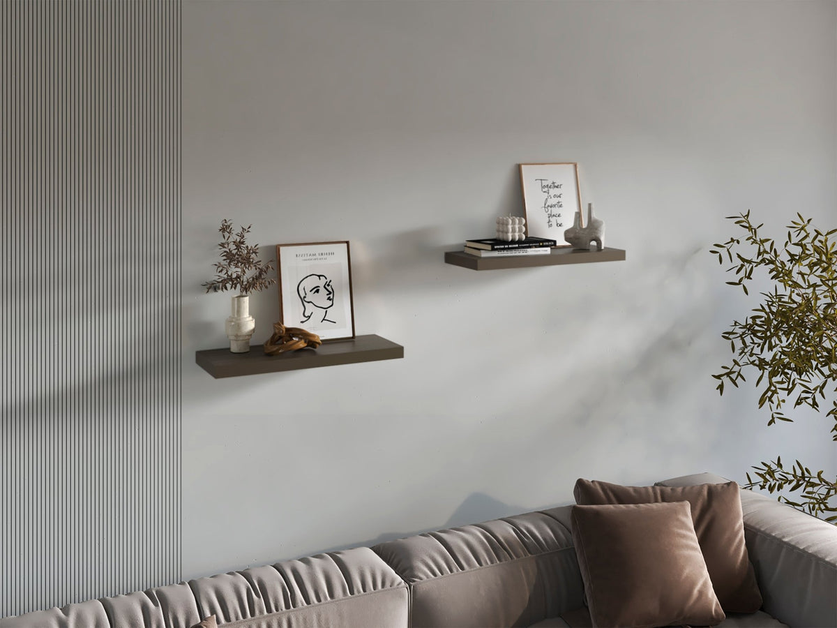 Olive finish floating shelves by Anthony & Home mounted on a wall, showcasing modern minimalistic design for home storage.