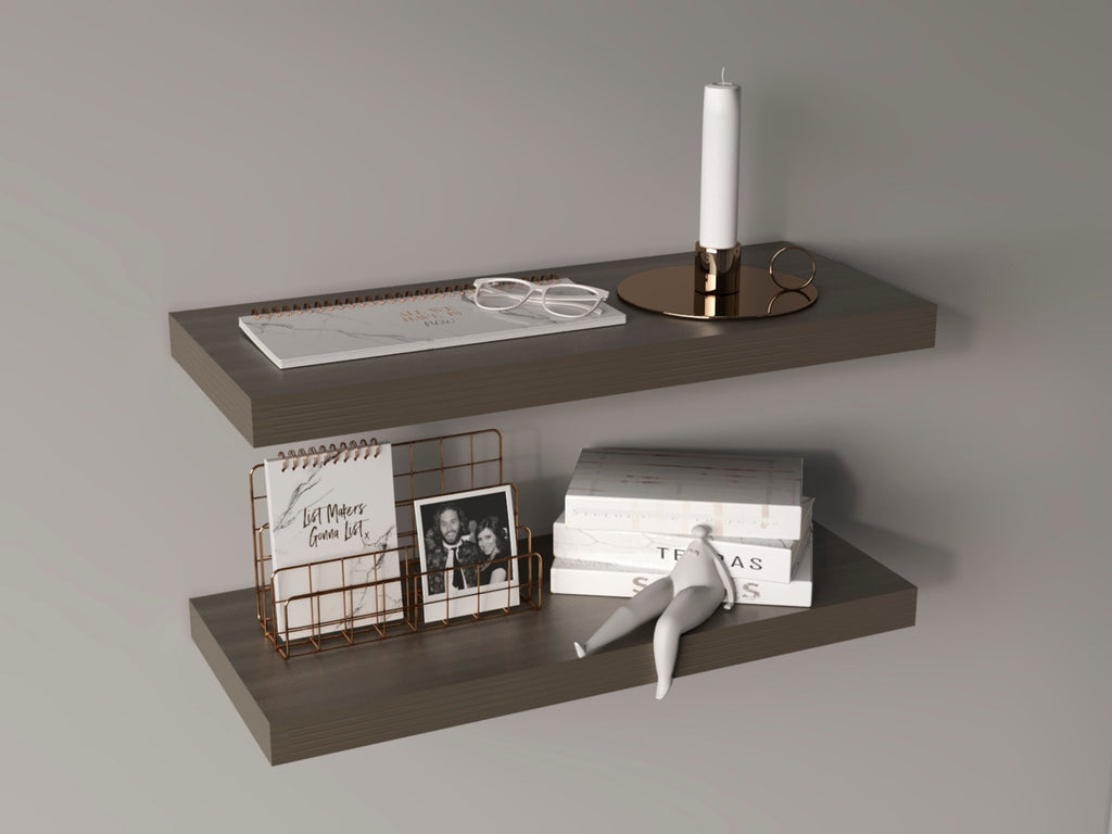 Olive finish floating shelves by Anthony & Home mounted on a wall, showcasing modern home organization and stylish decor.