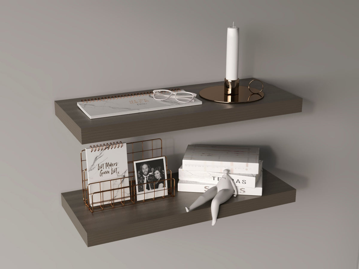 Olive finish floating shelves by Anthony & Home mounted on a wall, showcasing modern home organization and stylish decor.