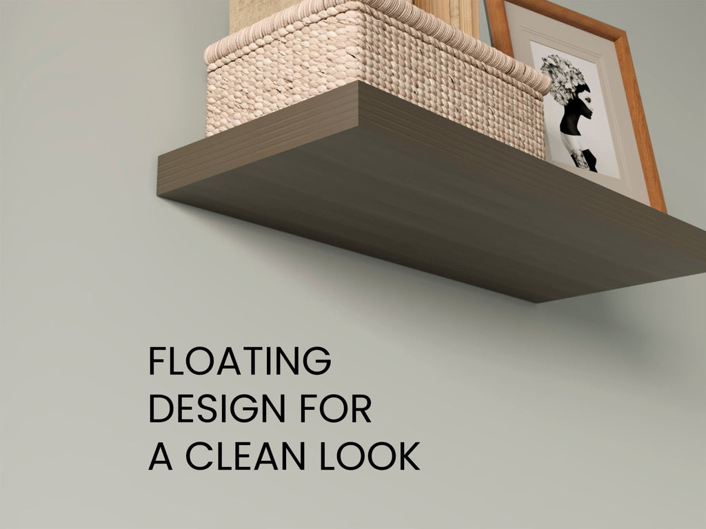 Olive finish floating shelves by Anthony & Home mounted on a wall, displaying decorative items in a modern interior setting.