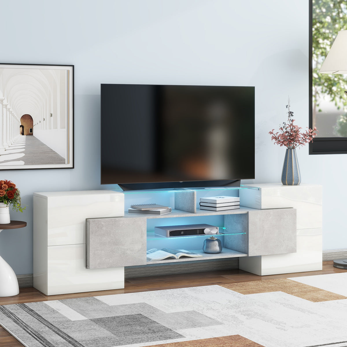 Anthony & Home On Trend Elite high gloss TV stand with sleek finish and modern design, featuring multiple open shelves and storage compartments.