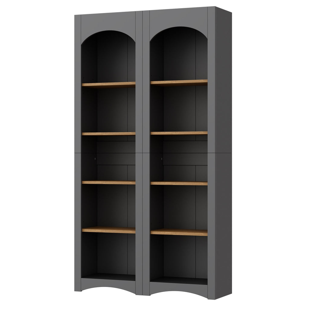 Two-tone wood-grain Anthony & Home 5-tier free-standing bookshelves set of 2, ideal for living room storage and display.