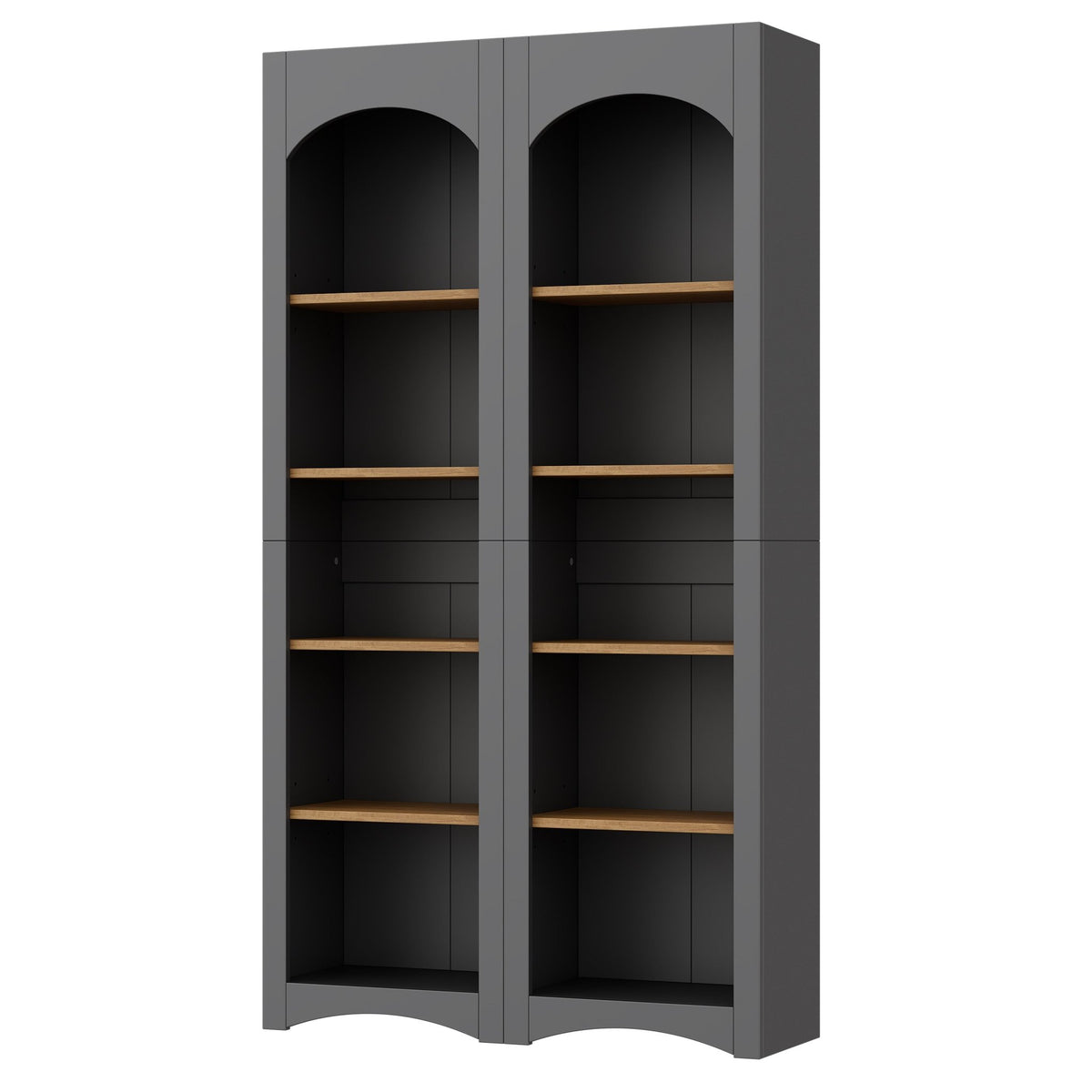 Two-tone wood-grain Anthony & Home 5-tier free-standing bookshelves set of 2, ideal for living room storage and display.