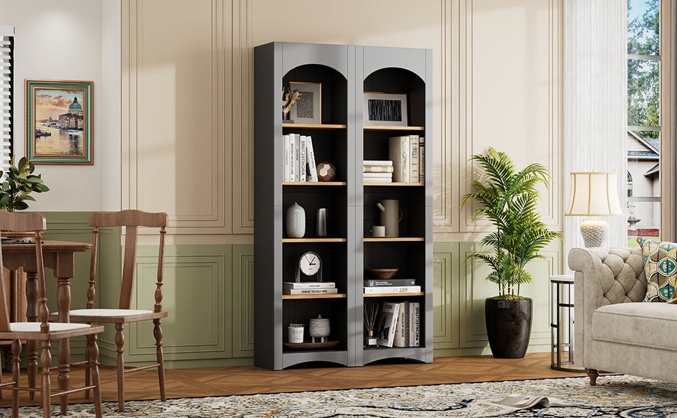 Set of two Anthony & Home two-tone wood-grain 5-tier free-standing bookshelves with open shelves for living room organization.