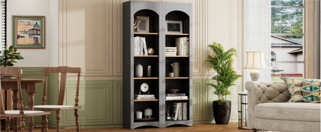 Two-tone wood-grain Anthony & Home 5-tier free-standing bookshelves set of 2, perfect for living room storage and decor.