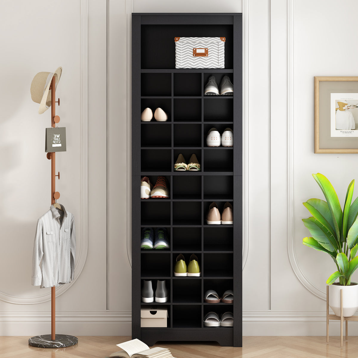 On Trend Signature Shoe Cubby Console by Anthony & Home in black veneer with 30 compartments, showing a sleek, organized storage unit.
