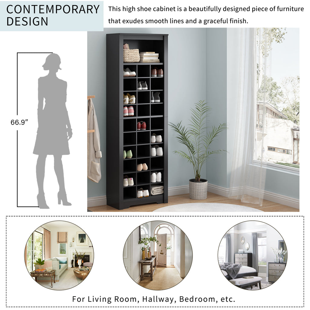 Black veneer On Trend Signature Shoe Cubby Console by Anthony & Home with 30 compartments for organized shoe storage.