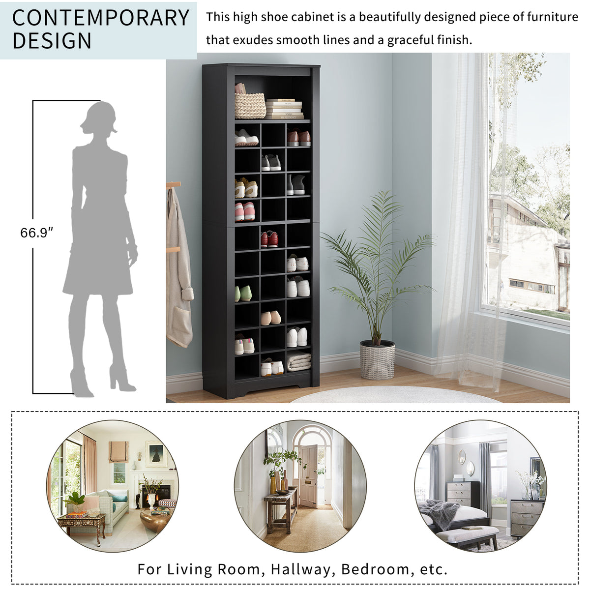 Black veneer On Trend Signature Shoe Cubby Console by Anthony & Home with 30 compartments for organized shoe storage.