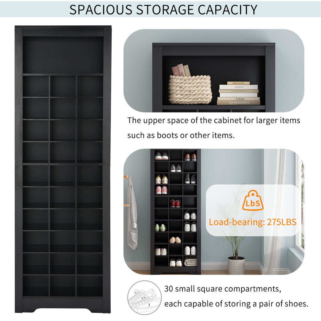 Anthony & Home On Trend Signature Shoe Cubby Console in black veneer with 30 compartments, showing organized shoe storage and sleek design.