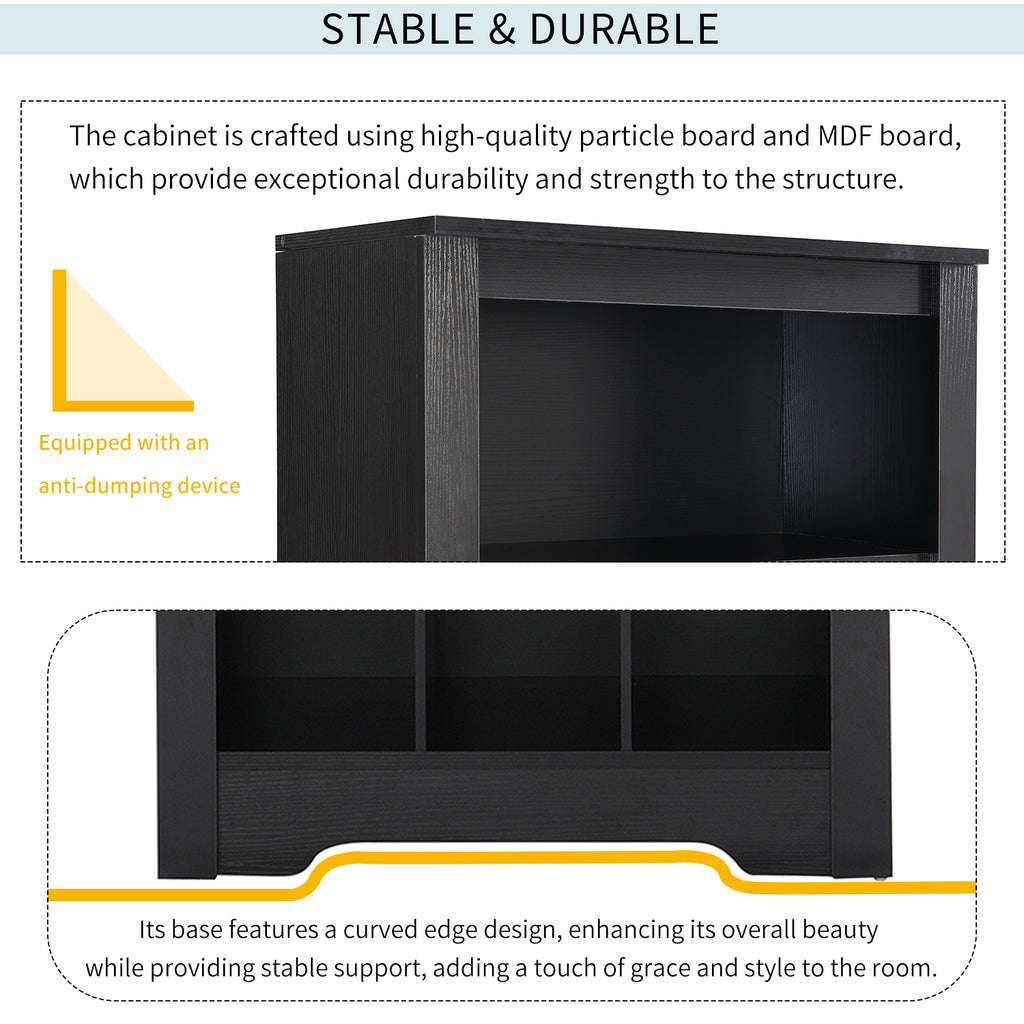 On Trend Signature Shoe Cubby Console in black veneer with 30 compartments by Anthony & Home, featuring a sleek, modern design.