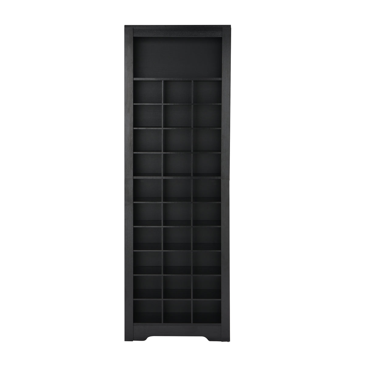 Black veneer On Trend Signature Shoe Cubby Console by Anthony & Home with 30 storage compartments.